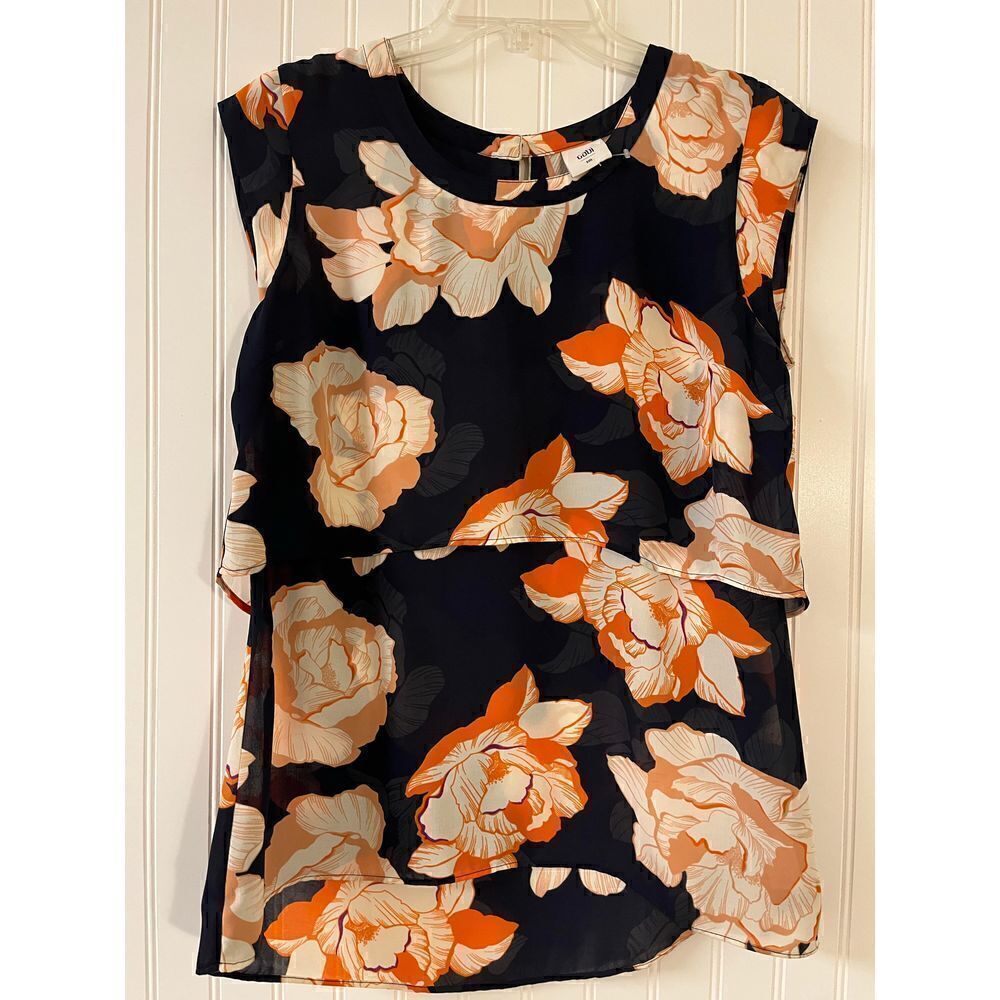 CAbi Blossom Floral top navy & orange sz Small